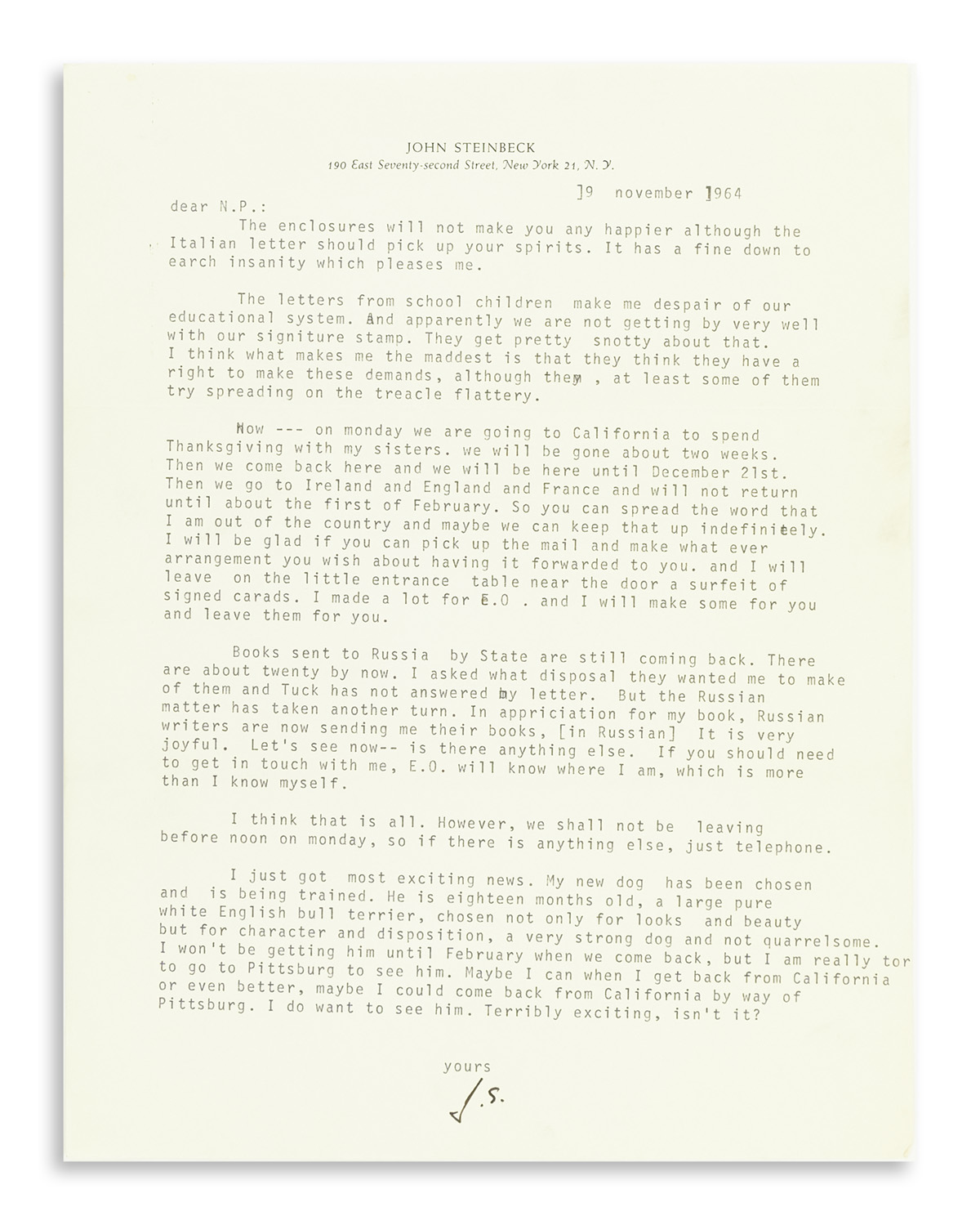 STEINBECK, JOHN. Typed Letter Signed, J.S., to dear N.P.,